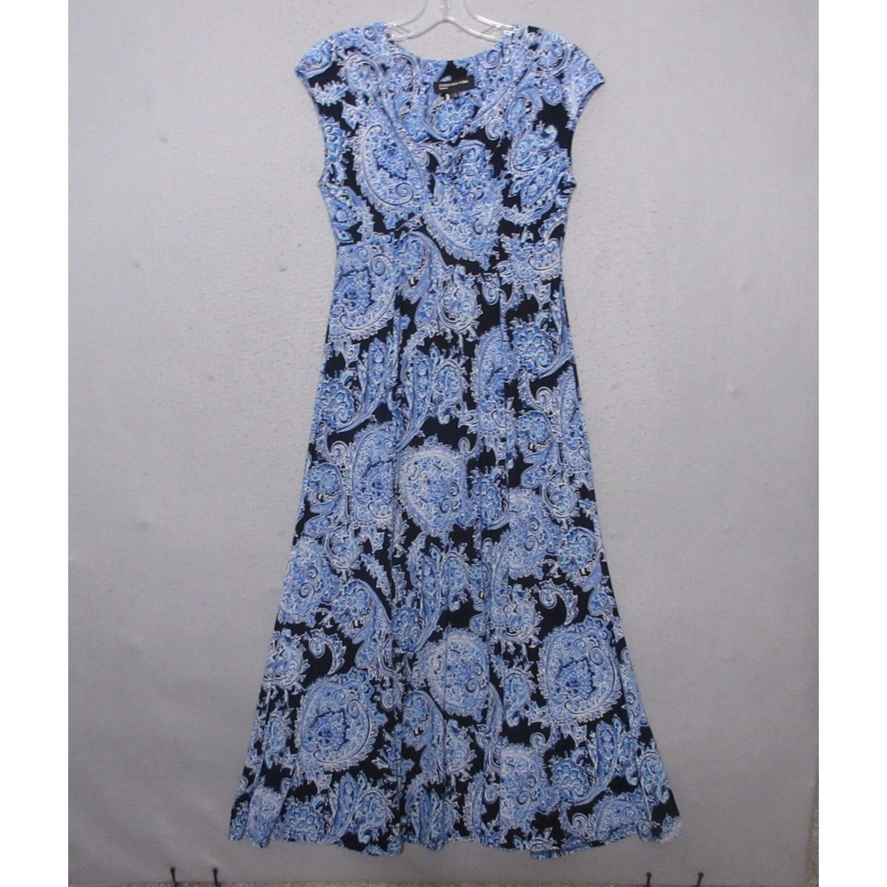 Jones New York Dress 4 Blue Floral Midi‎ Fairy Romantic Knit Flowy Cap Sleeve